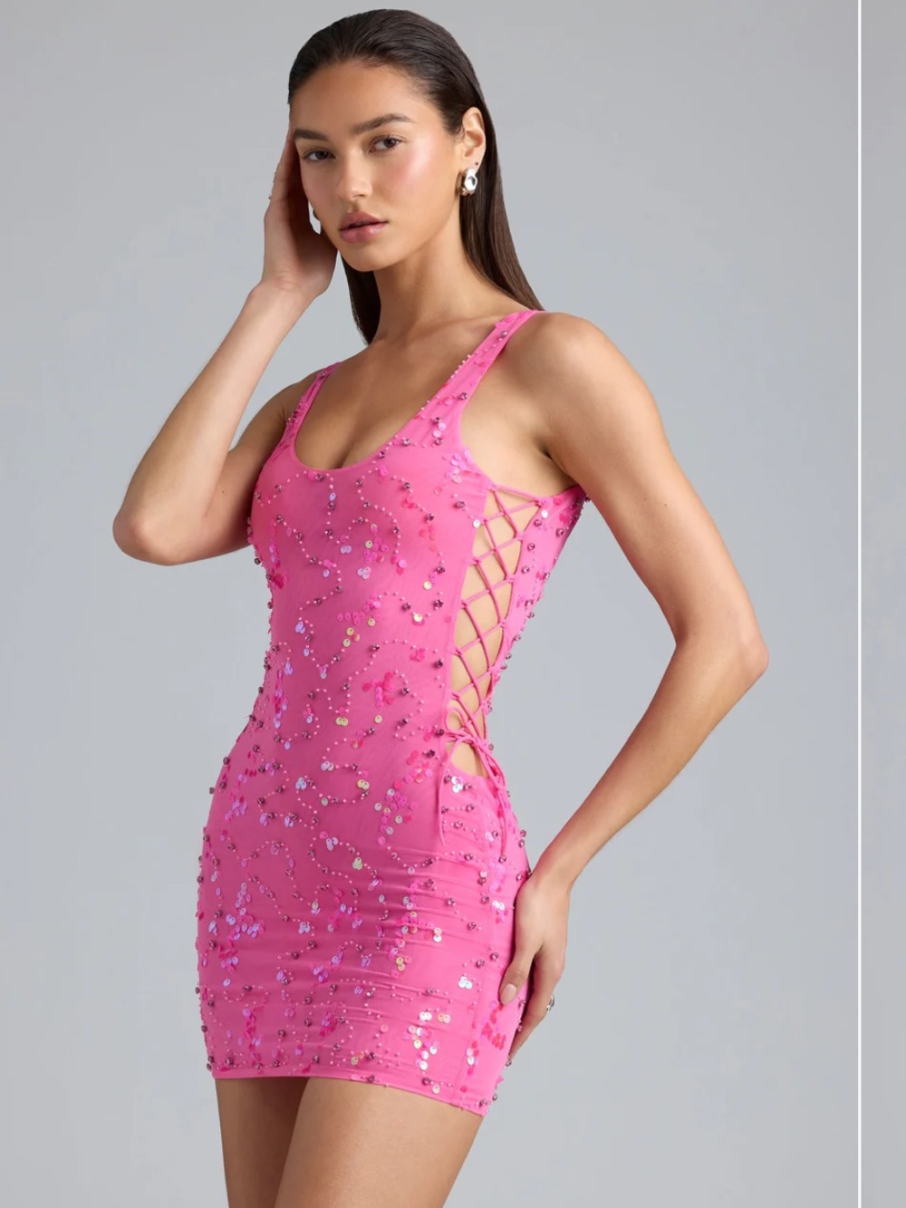 Oh Polly! Embellished Lace Up Mini Mesh Dress